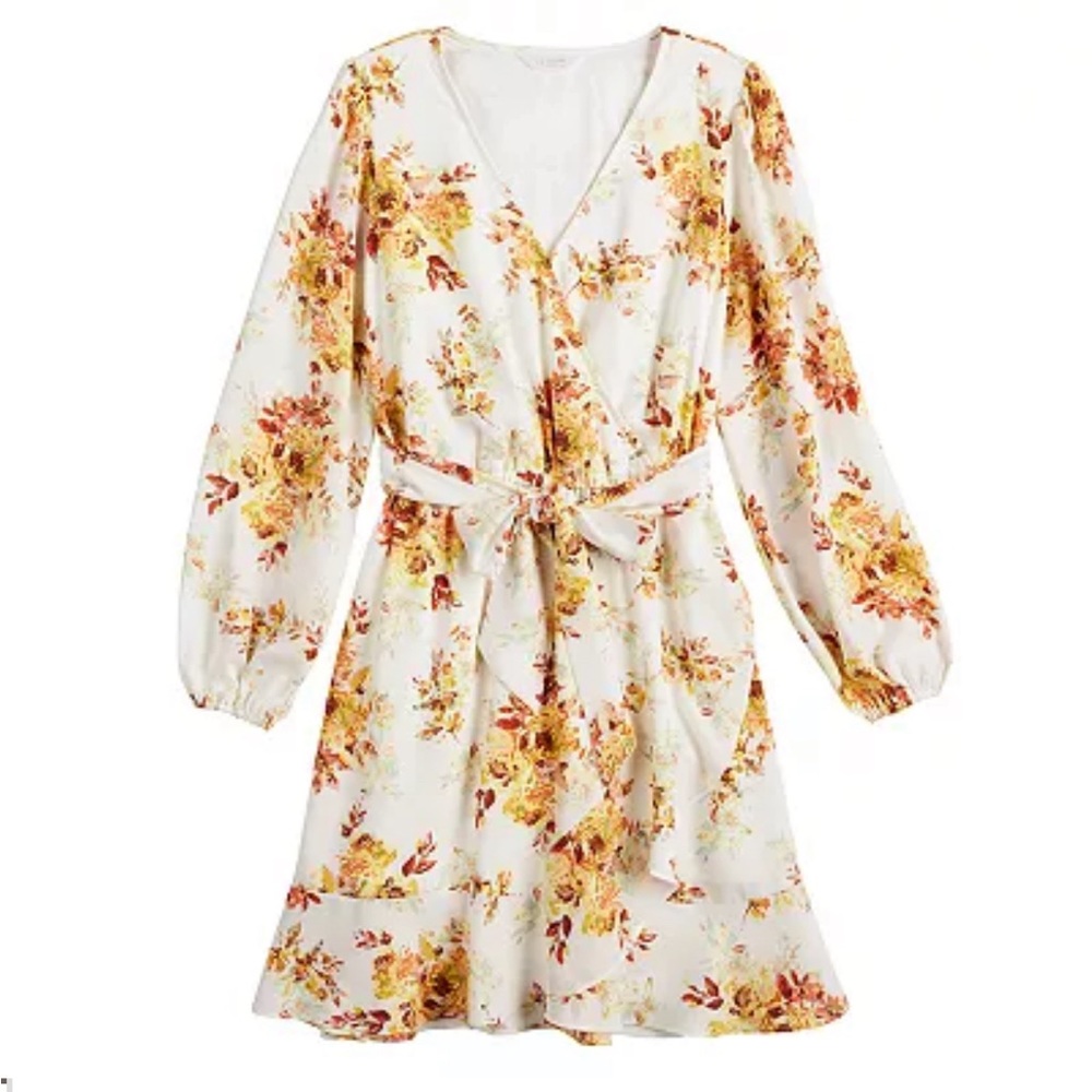 NWT Women's LC Lauren Conrad Ruffled Mini Faux-Wrap Dress in Cream Blooms - Sz L